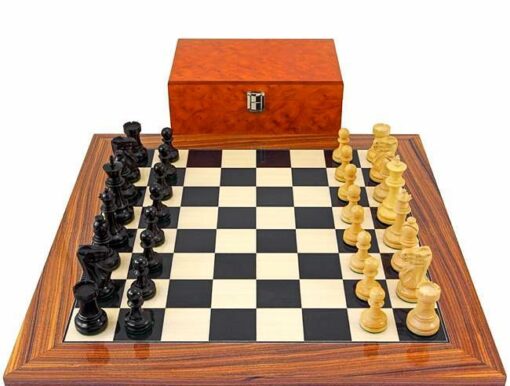 Ensemble "Supreme" Echiquier en Bois d'Erable et de Rose Doré, Jeu d'Echecs en Bois d'Ebene et Buis & Coffret de Rangement en Placage de Racines